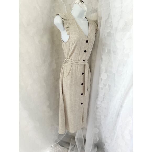 Monteau Los Angeles Linen Blend Small Beige Long button front Dress Cap Sleeves - Picture 3 of 10